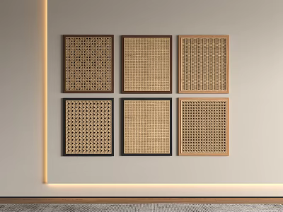 Six Decorative Wall Panels with Woven Textures and Wooden Frames in Minimalist Design 3d model