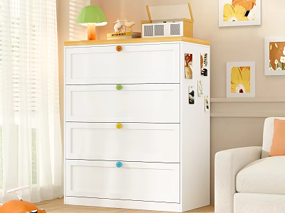White Chest of Drawers with Colorful Round Handles Green Lamp in Cozy Room 3d model