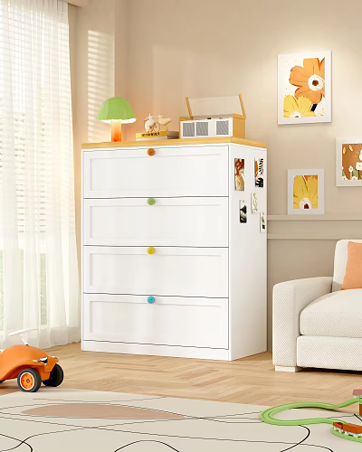 White Chest of Drawers with Colorful Round Handles Green Lamp in Cozy Room 3d model