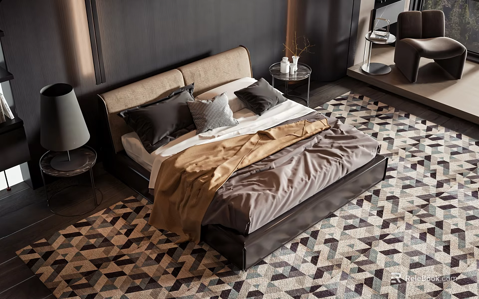 Double Bed With Beige Headboard Black And Gray Pillows Brown Blanket On Geometric Patterned Carpet 3d model 