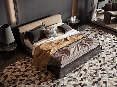 Double Bed With Beige Headboard Black And Gray Pillows Brown Blanket On Geometric Patterned Carpet 3d model