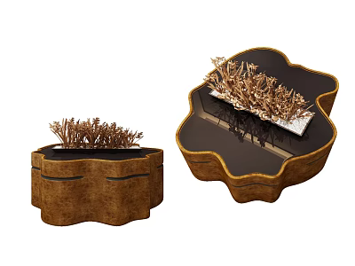 Unique Irregular Shape Wooden Coffee Tables With Dried Plant Decor On Top 3d model