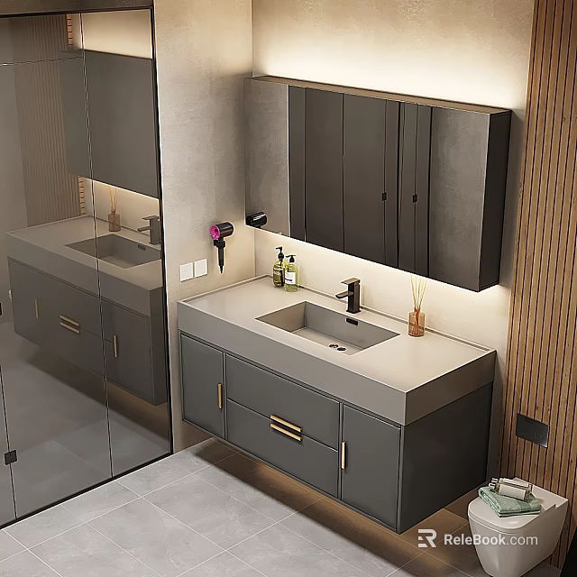 Modern Bathroom Interior Featuring Double Vanity Gray Cabinets Wooden Wall Mirror Hair Dryer And Toiletries 3d model 