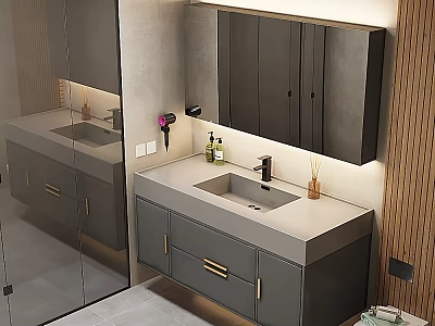 Modern Bathroom Interior Featuring Double Vanity Gray Cabinets Wooden Wall Mirror Hair Dryer And Toiletries 3d model