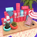 Summer Themed Decor Red Barrels Striped Umbrella Deck Chair Palm Tree On Wooden Platform