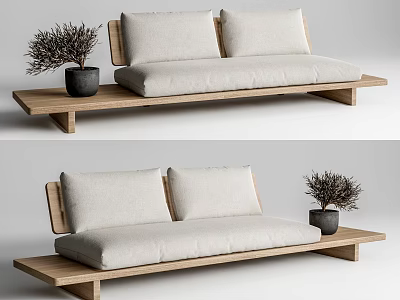 Modern Minimalist Two-Seater Sofa With Wooden Frame Linen Cushions And Potted Plant 3d model