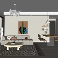 Modern Open Living Dining Room Interior With Sofa Dining Table Artwork And Chandelier 3d model