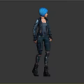 3D Rendered Female Character With Blue Hair Leather Jacket Tactical Pants And Boots