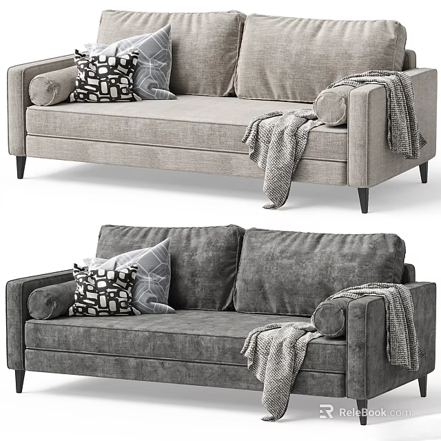 Modern Gray Two Seater Sofa With Cozy Throw Pillows And Stylish Throw Blanket 3d model 