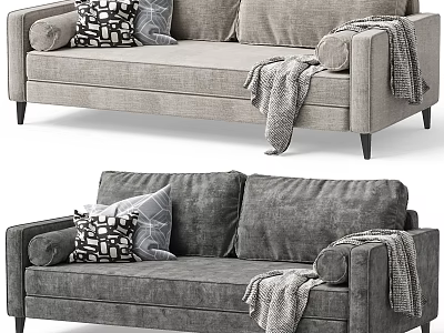 Modern Gray Two Seater Sofa With Cozy Throw Pillows And Stylish Throw Blanket 3d model
