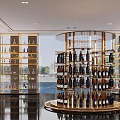 Elegant Store Front Desk With Round Gold Display Rack Wine Bottles And Marble Floor 3d model