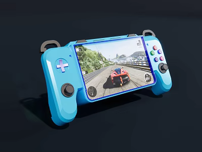 Blue Gaming Device With Tablet Controller Holder Screen Displaying Racing Game 3d model