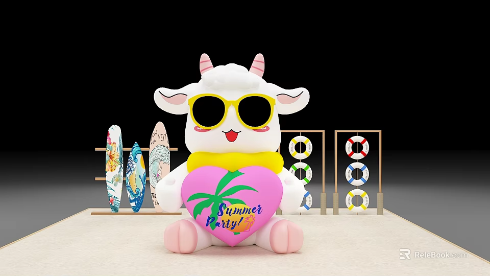 Cute Sheep With Sunglasses Pink Heart Summer Party Surfboards Life Rings Decor 3d model 