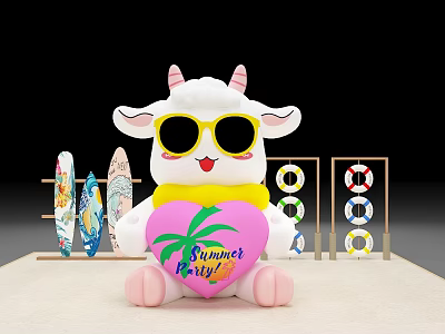 Cute Sheep With Sunglasses Pink Heart Summer Party Surfboards Life Rings Decor 3d model