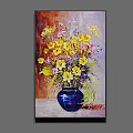 Oil Painting of Blue Vase with Yellow and Colorful Flowers on Tabletop