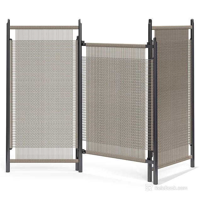 Modern Folding Room Divider With Black Frame And Beige Woven Panels 3d model 