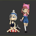 Cute Game and Movie Characters with White Hair Blue Swimsuit Pink Cat Ears Blue Shorts