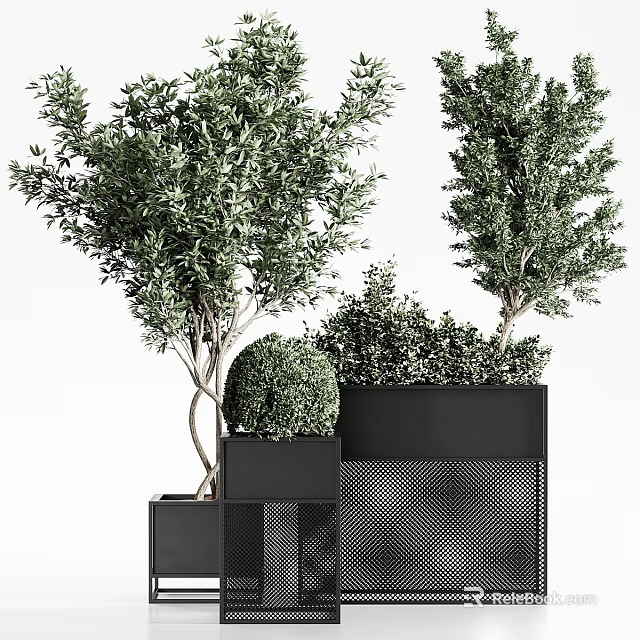 Modern Potted Plants With Black Geometric Planters And Green Foliage Decorative Shapes 3d model 