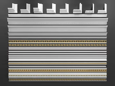 Crown Molding Styles With Decorative Patterns And Gold Accents For Interior Design 3d model