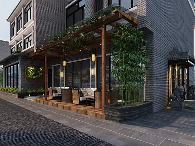 Traditional Brick Restaurant Exterior With Wooden Terrace Green Plants And Lanterns 3d model
