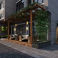 Traditional Brick Restaurant Exterior With Wooden Terrace Green Plants And Lanterns