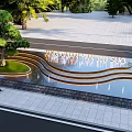 Modern Garden Landscape Design With Wavy Water Feature Shaped Tree And Golden Signage