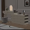 Elegant Cream Dressing Table With Round Mirror Gold Drawers And Table Lamp 3d model