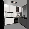 Modern Kitchen Interior With White Cabinets Black Appliances Tile Backsplash And Window Blinds