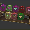 Jewelry Necklaces On Two Tiered Wooden Display Stand With Black Mannequins And Colorful Designs