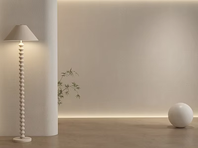 Light Wall Paneling in Modern Interior with Floor Lamp Small Plant and White Sphere Decor 3d model