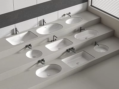 Multiple Built in White Washbasins on Gray Countertop With White Tiled Walls And Black Stripe 3d model