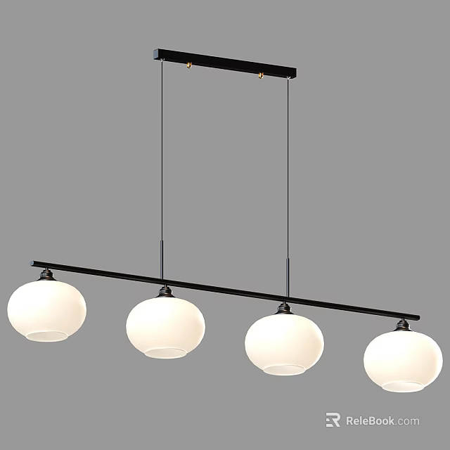 Modern Minimalist Pendant Light with Four White Spherical Shades and Black Rectangular Bar 3d model