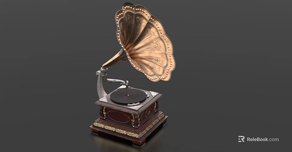 Vintage Gramophone Audio Device With Brass Horn And Wooden Base Design 3d model 