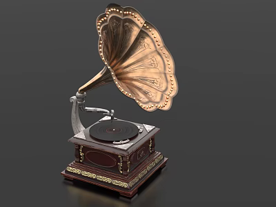 Vintage Gramophone Audio Device With Brass Horn And Wooden Base Design 3d model