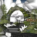 Serene Park Landscape With Stone Arch Lush Trees And Green Vegetation