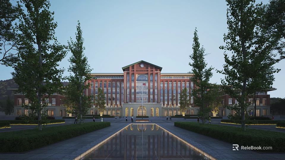 Classical Red Brick School Building With Symmetrical Facade Reflecting Pool And Trees 3d model 