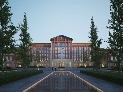 Classical Red Brick School Building With Symmetrical Facade Reflecting Pool And Trees 3d model