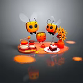Cartoon Bees With Honey Jars Cake And Sunflower On Gray Background