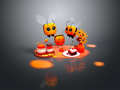 Cartoon Bees With Honey Jars Cake And Sunflower On Gray Background 3d model