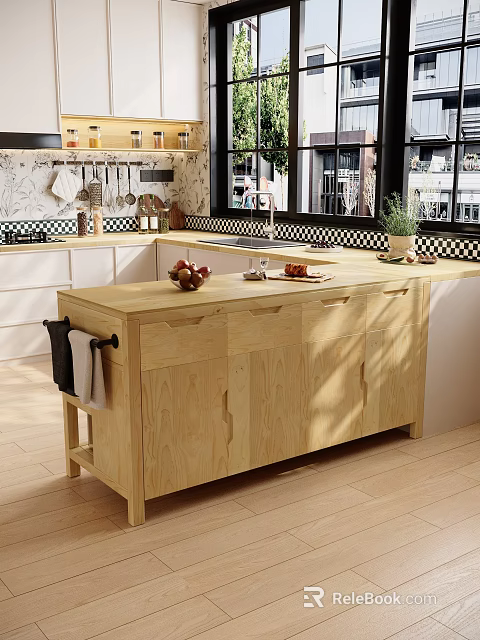 Light Wood Kitchen Sideboard With Simple Design Countertop Holding Fresh Fruits And Utensils 3d model 
