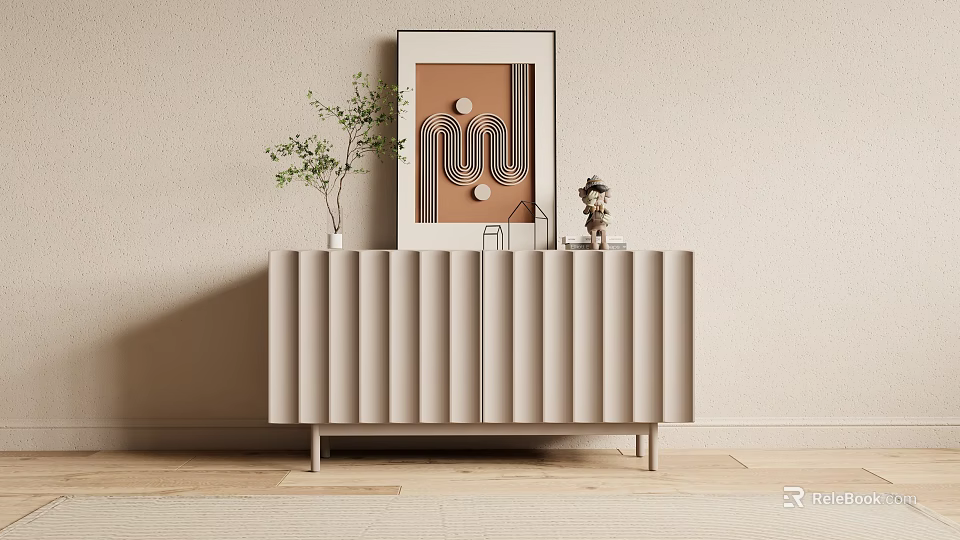 Modern Beige Fluted Entryway Console Cabinet With Green Plant Small Figurine And Wall Art 3d model 