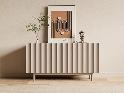 Modern Beige Fluted Entryway Console Cabinet With Green Plant Small Figurine And Wall Art 3d model