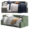 Green And Gray Upholstered Beds With Plaid Bedding Pillows And Blankets 3d model
