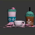 Stylish Cups With Turquoise Pink Lids And White Teacup Surrounded By Rose Petals