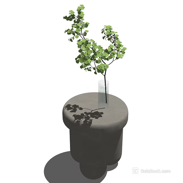 Round Gray Coffee Table With Transparent Vase And Green Leafy Decor 3d model 