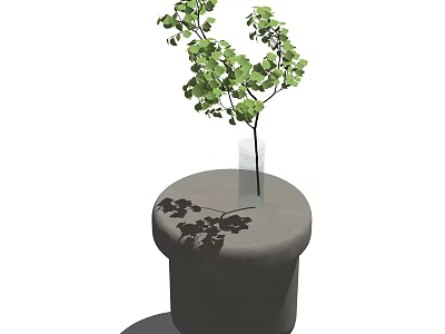 Round Gray Coffee Table With Transparent Vase And Green Leafy Decor 3d model