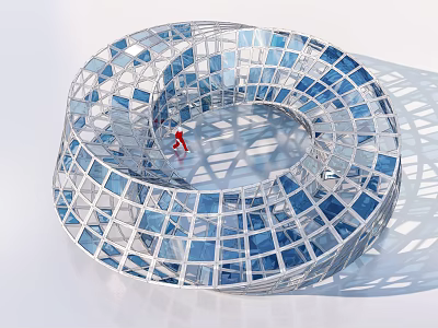 Transparent Spiral Structure With Blue White Grid And Red Figure Inside 3d model