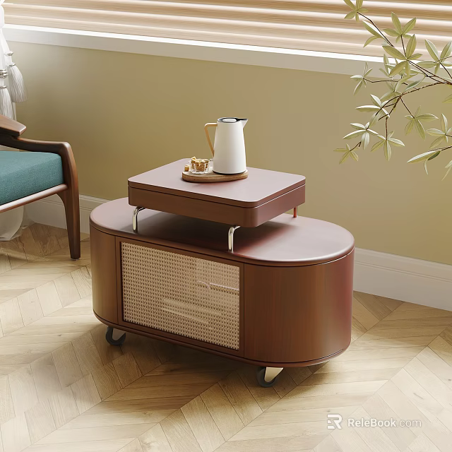 Wooden Two Tier Side Table With Woven Design And Wheels For Living Room Decor 3d model 