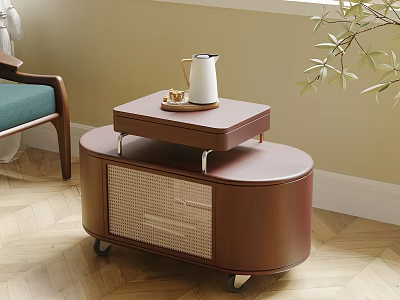 Wooden Two Tier Side Table With Woven Design And Wheels For Living Room Decor 3d model