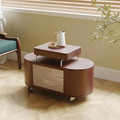 Wooden Two Tier Side Table With Woven Design And Wheels For Living Room Decor 3d model